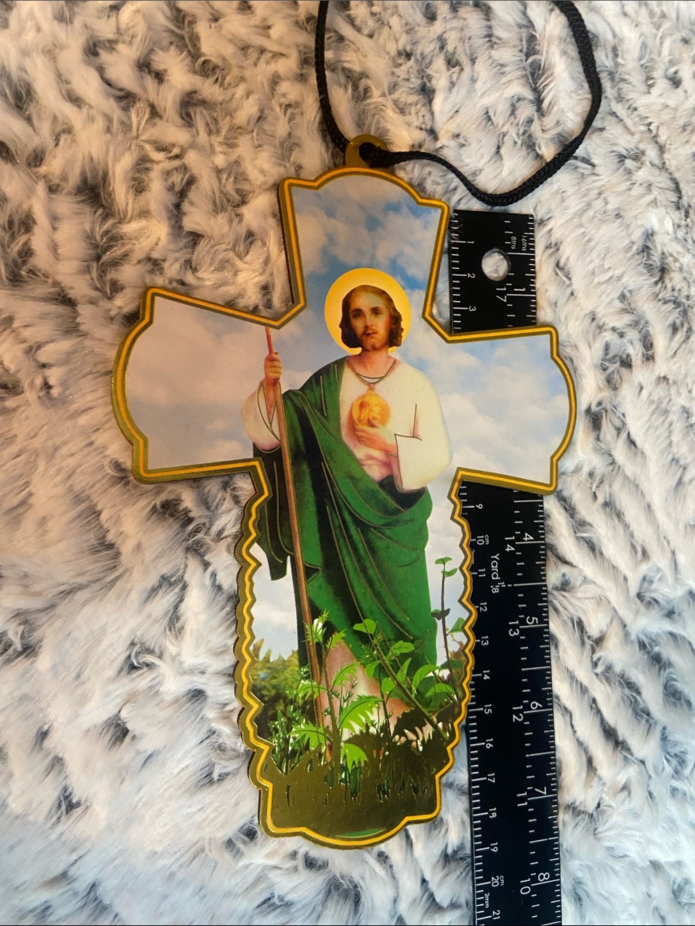 Green-Robed Saint Cross Hanging Ornament with Gold Trim